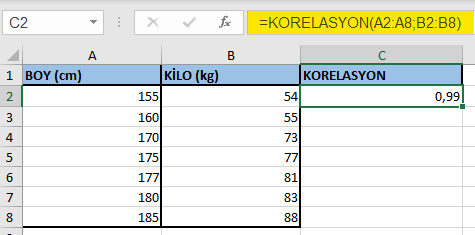 Excelde korelasyon hesaplama, excel formülleri ile korelasyon hesabı