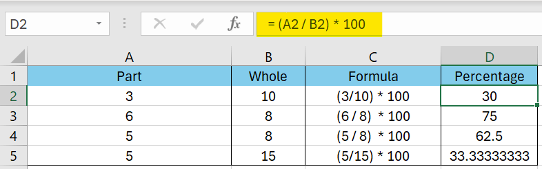 percentage calculation in excel